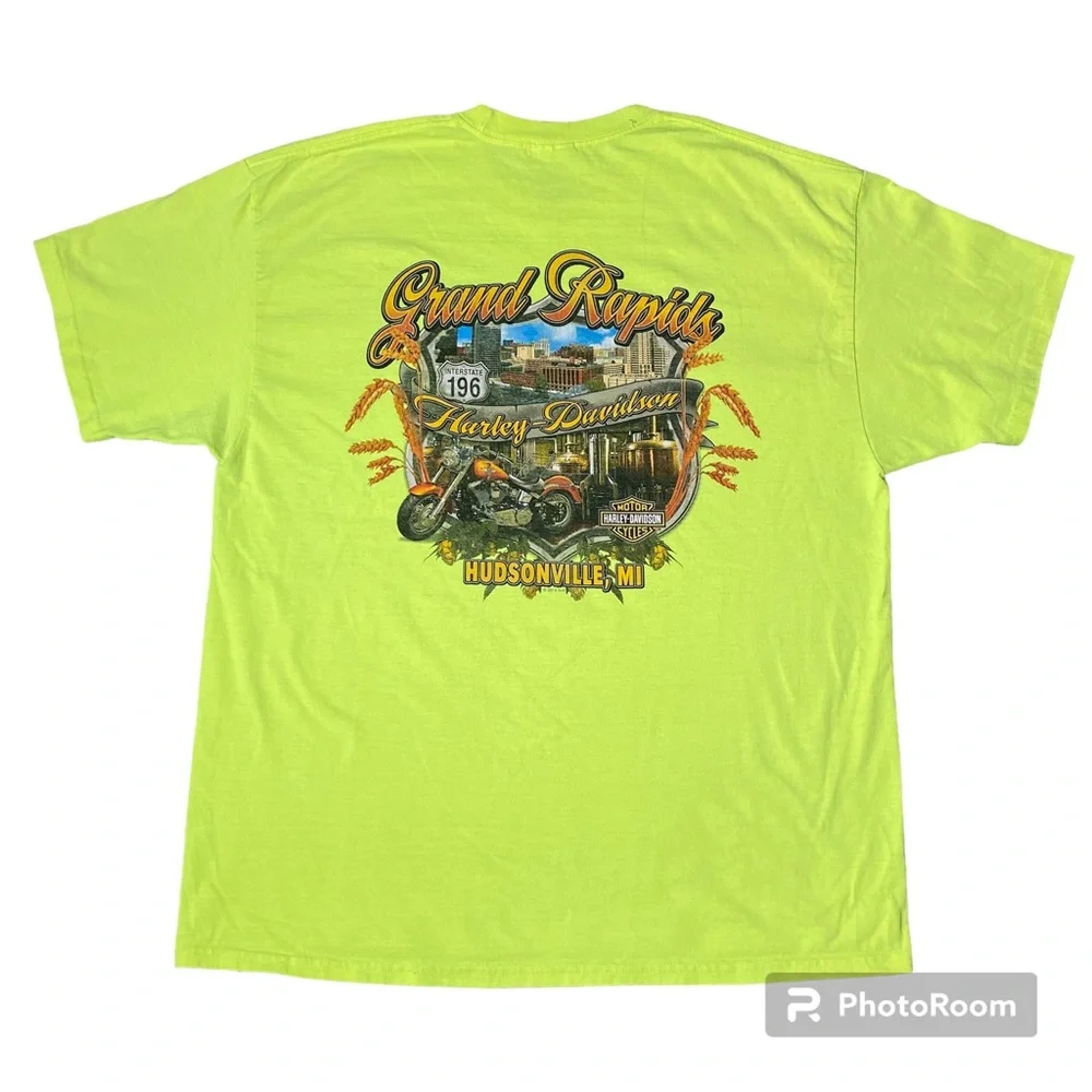Harley Davidson Grand Rapids Michigan Mens T shirt XL Neon Yellow Biker Tees - Picture 4 of 7